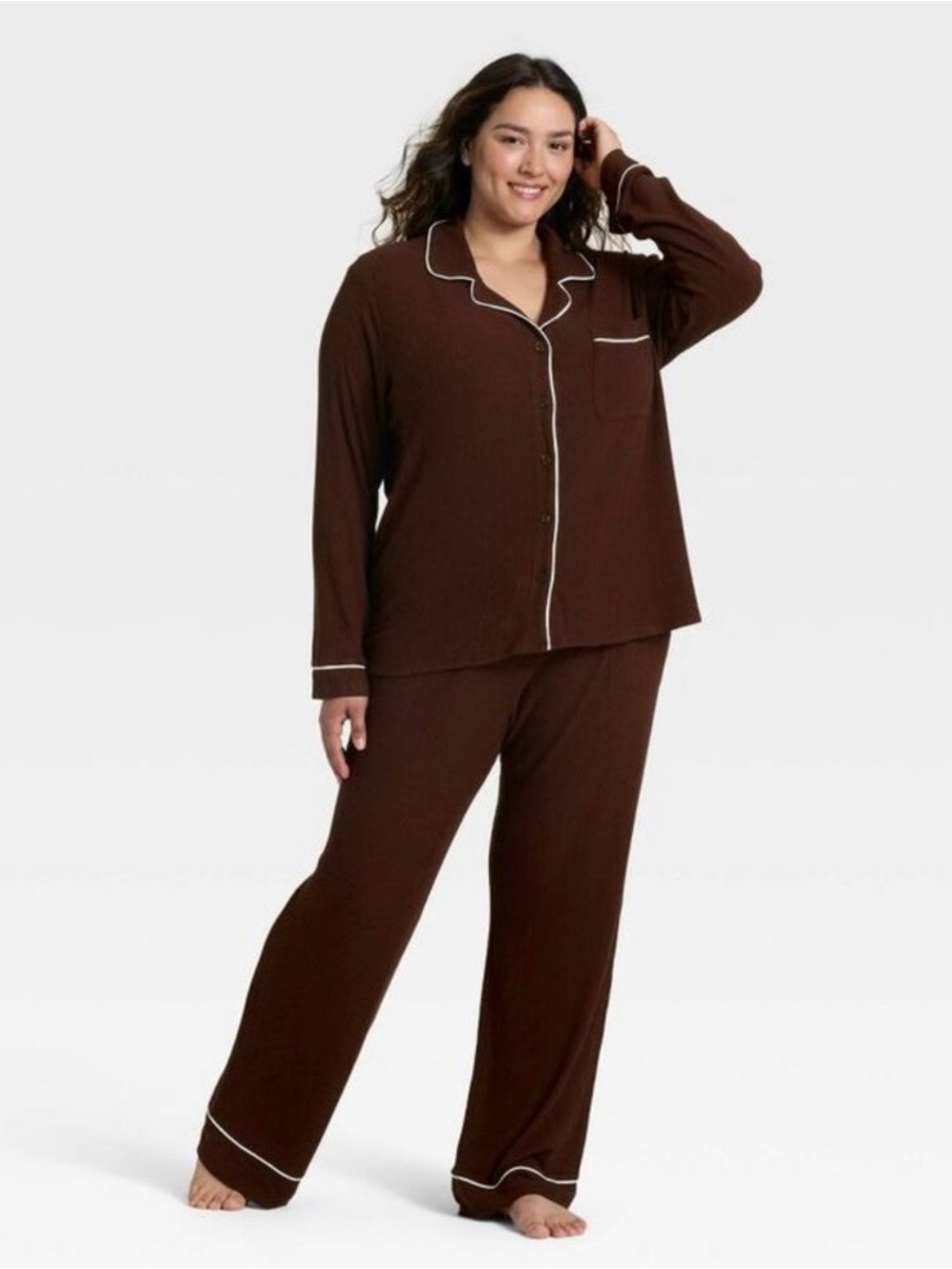 NWT Auden Brown Cozy Ribbed Notch Collar Long Sleeve Shirt & Long Pant Set 1X